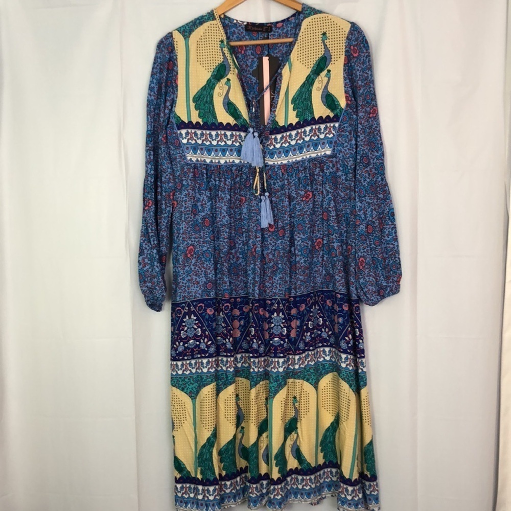 R.Y Iposha Women's Long Sleeve Floral Print Retro V Neck Tassel Bohemian Size 2 - Picture 3 of 11